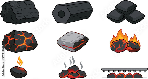 Coal Charcoal Icon Vector Illustration Featuring Raw Pieces, Briquette, Burning Coals, Flames, Smoke, Grill Fuel