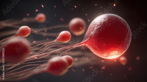 3D rendered sperm cells swimming toward egg cell for fertilization