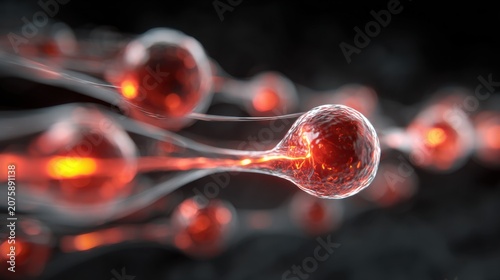 3D rendered glowing red neurons with synaptic connections on dark background
