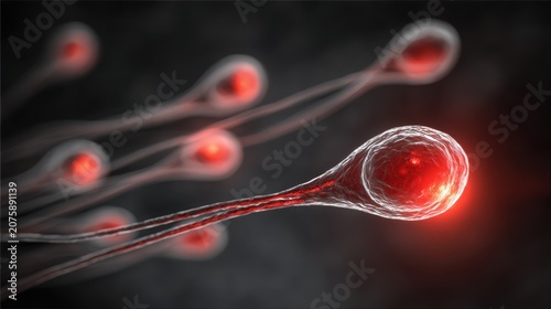3D rendered human sperm cells swimming with glowing red nuclei on dark background