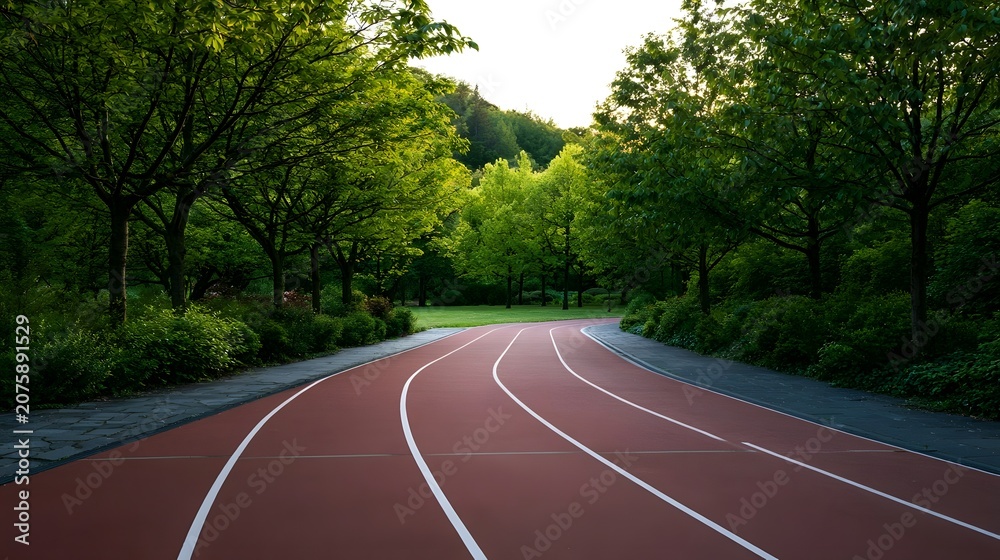 Obraz premium A long shot of a vigorous outdoor running track surrounded by lush greenery and peaceful natural scenery