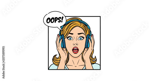 Surprised Woman Wearing Headphones, Oops Speech Bubble, Retro Comic Style