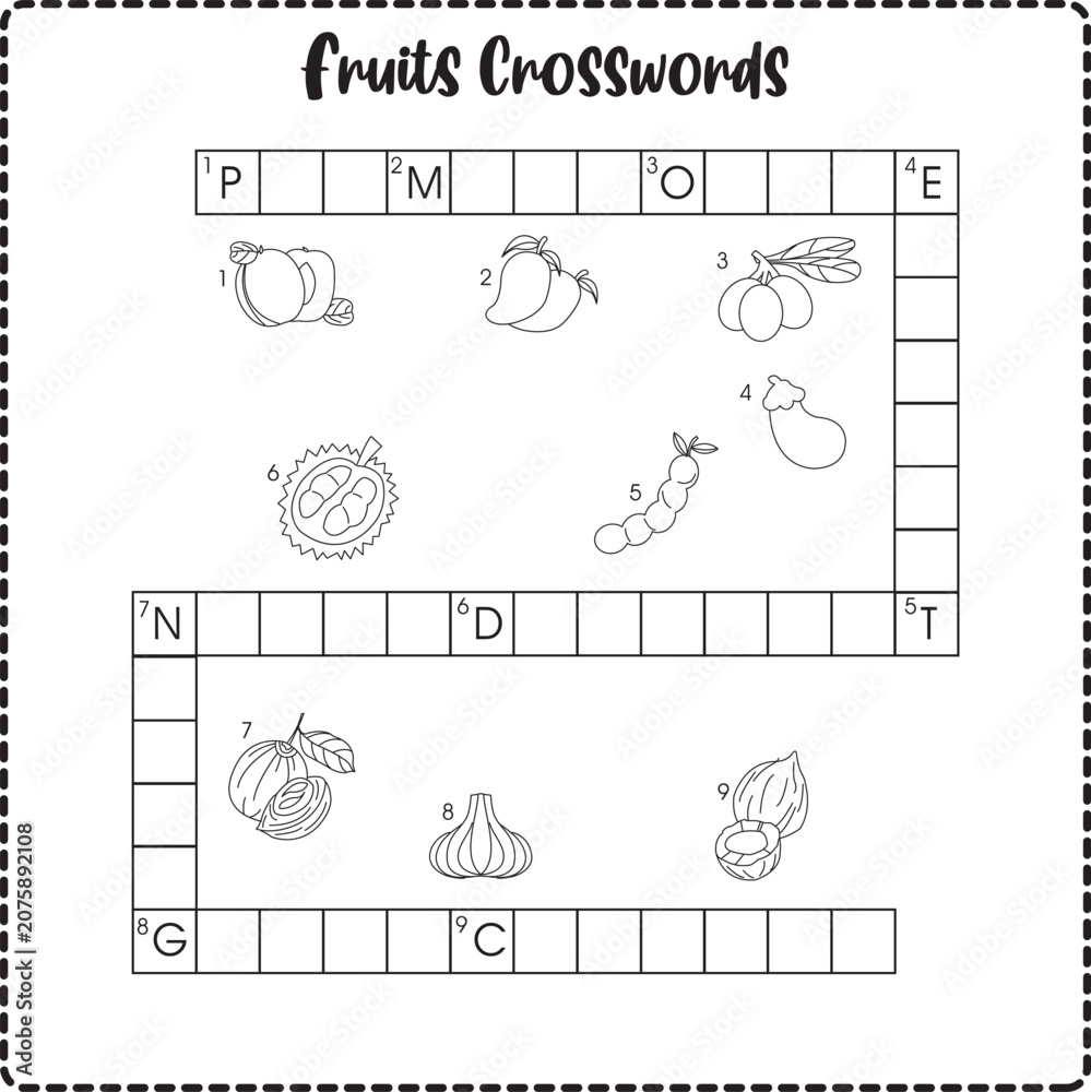 Obraz premium kids worksheet for learning fruits (crosswords)