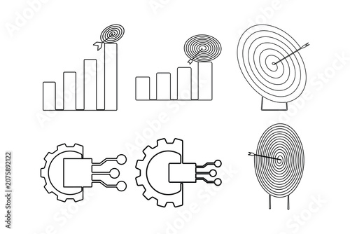 Set of cog gear wheel growth bar chart and target achievement icon sign on white background business automation and bullseye symbol doodle illustration