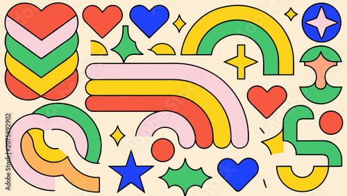 Bild auf Leinwand Retro rainbow hearts and starbursts vector illustration with colorful lines