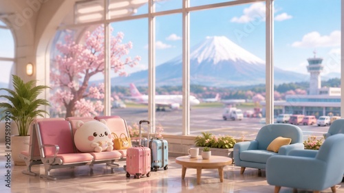 Cute Japan Airport Window View With Fuji And Sakura