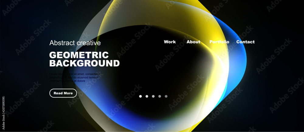 Naklejka premium Abstract website design features colorful overlapping shapes, navigation menu, dark background. Minimalist style promotes modern aesthetic.