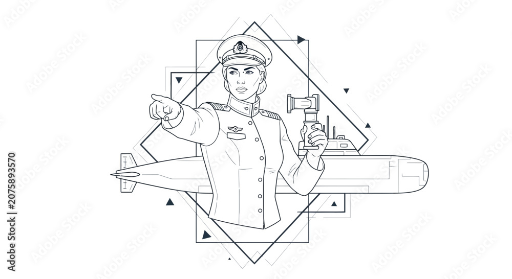 Fototapeta premium Female Naval Officer Directing Submarine with Binoculars, Geometric Design