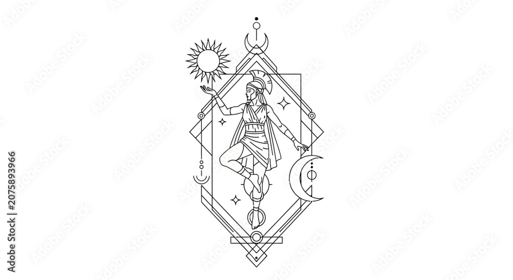 Obraz premium Esoteric Symbol with Celestial Woman, Sun, Moon, Stars, Geometric Frame