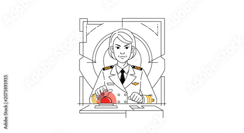 Determined female captain pressing red button on control panel, future technology concept