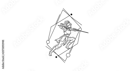 Dynamic Archer Woman Line Art with Geometric Shapes