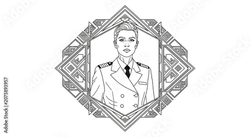 Elegant Art Deco Portrait of a Stern Captain in Uniform