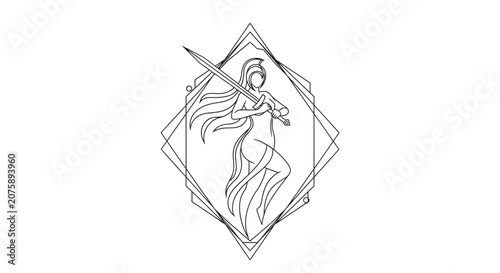 Elegant Line Art of a Warrior Woman with Sword in Geometric Frame