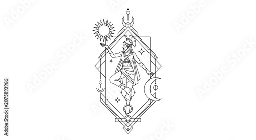 Esoteric Symbol with Celestial Woman, Sun, Moon, Stars, Geometric Frame