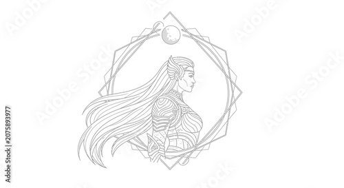 Elegant Warrior Woman Portrait, Mythical Goddess, Fantasy Armor, Celestial Moon, Geometric Frame, Line Art