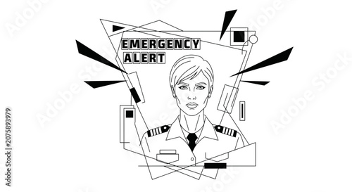 Emergency Alert Broadcast: Woman Captain in Uniform on Futuristic Screen
