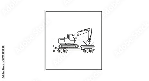 Excavator on a flatbed trailer, construction equipment transport, line art illustration