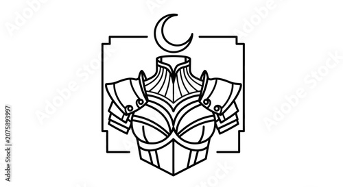 Fantasy Knight Armor Emblem with Crescent Moon and Geometric Frame
