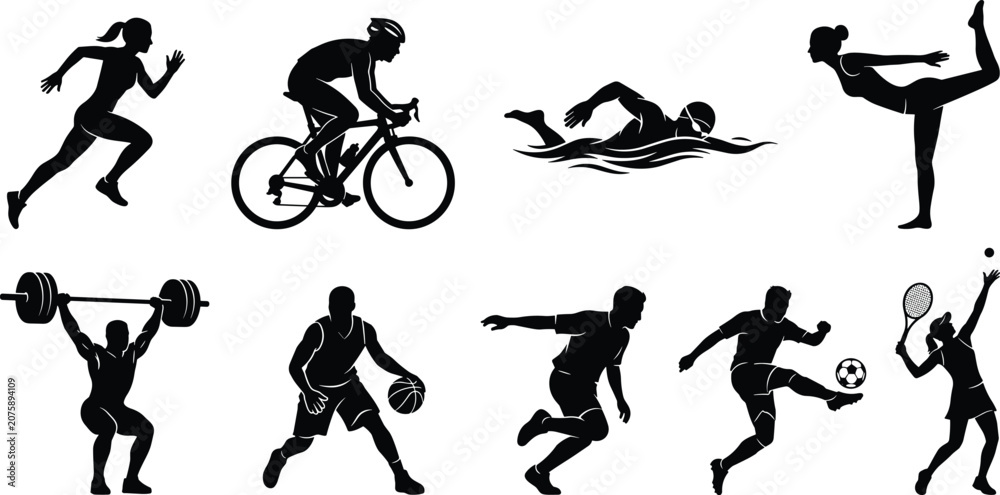 Obraz premium Athletes and Sports Silhouettes Vector Icon Set Featuring Running Cycling Swimming Weightlifting and Team Sports