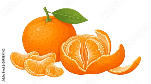 Fresh sliced oranges and whole orange with leaf.