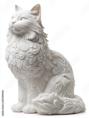 Intricate White Marble Cat Sculpture with Detailed Fur and Feathered Tail