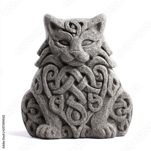 Intricate Stone Carving of a Wolf with Celtic Knot Patterns on White Background