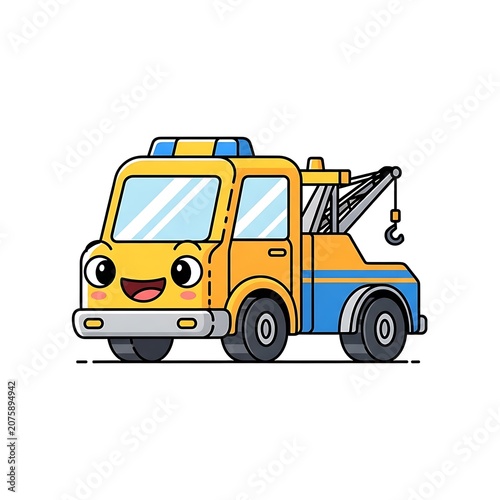 Bright yellow delivery truck with happy face cartoon design.