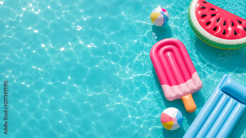 Vibrant Tropical Summer Vacation Scene with Inflatable Toys in Clear Blue Water