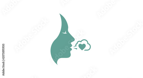 a green silhouette of a woman blowing a heart into a cloud.