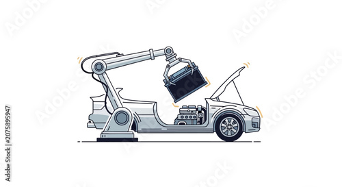 Robotic arm lifting car engine illustration.