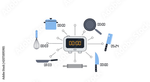 kitchen utensils and timer for cooking.