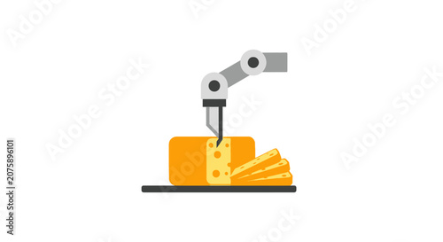 Robotic arm cutting a block of cheese.