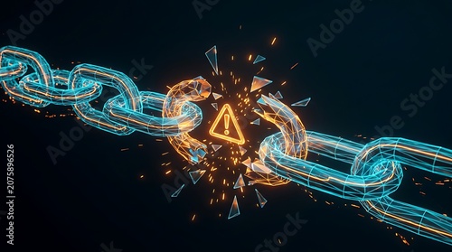 Digital blockchain chain link breaking with glowing hazard warning symbol and debris exploding outwards digitally rendered concept.