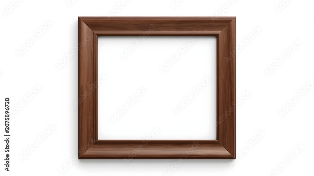 Fototapeta premium Photorealistic Empty Square Walnut Wooden Picture Frame Isolated on Pure White Background with Elegant Classic Craftsmanship and Clean Copy Space for Mockup Design