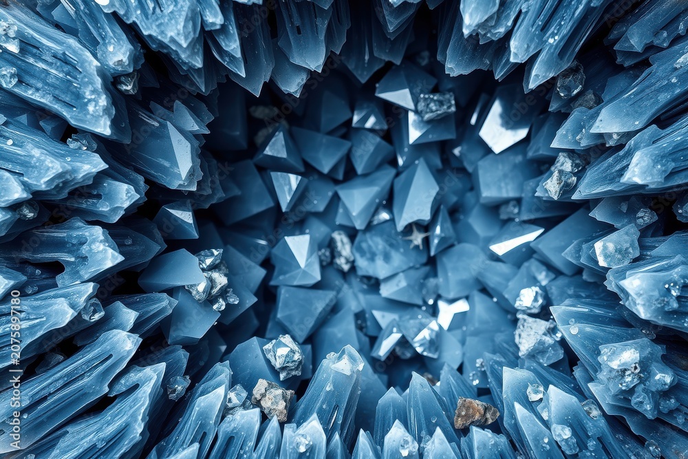 Obraz premium Dense crystal formation. Blue hues dominate, creating dramatic texture. Sharp edges, intriguing depths, mineral beauty.
