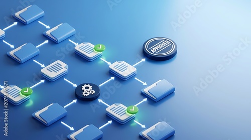 Automated document processing workflow showing organized files connected by blue pathways with gear icon representing efficient data management system and successful approval.