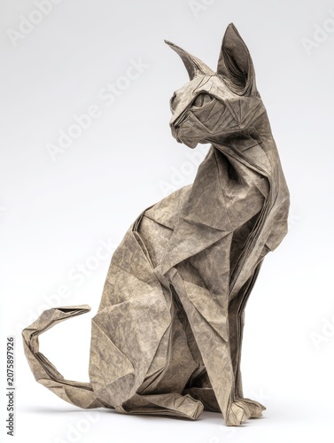 Origami Cat Sculpture Neutral Tones Studio Lighting Detailed Folds Sharp Ears Elegant Pose