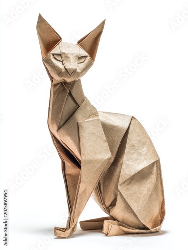 Origami Sphynx Cat Sculpture With Glittery Tan Paper On White Background Studio Lighting