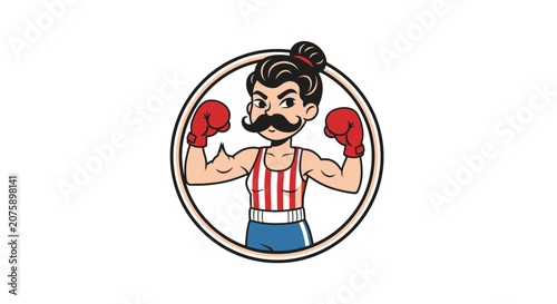 Strong Boxer Man with Moustache Flexing Muscles in Boxing Ring