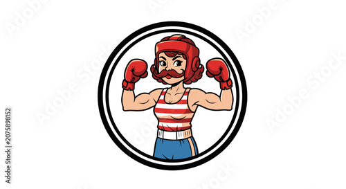 Strong Female Boxer with Mustache Flexing Muscles in Boxing Gear, Vintage Style