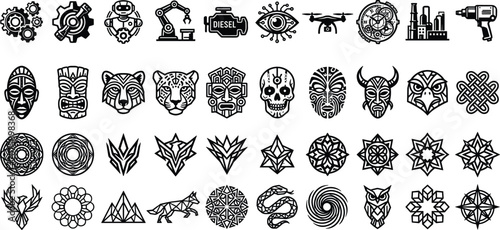 Geometric animal logo industrial gear and tribal mask lineart emblem collection bundle for creative brand design vector