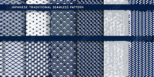 Obraz na plátně Japanese traditional seamless patterns in blue and white coloration
