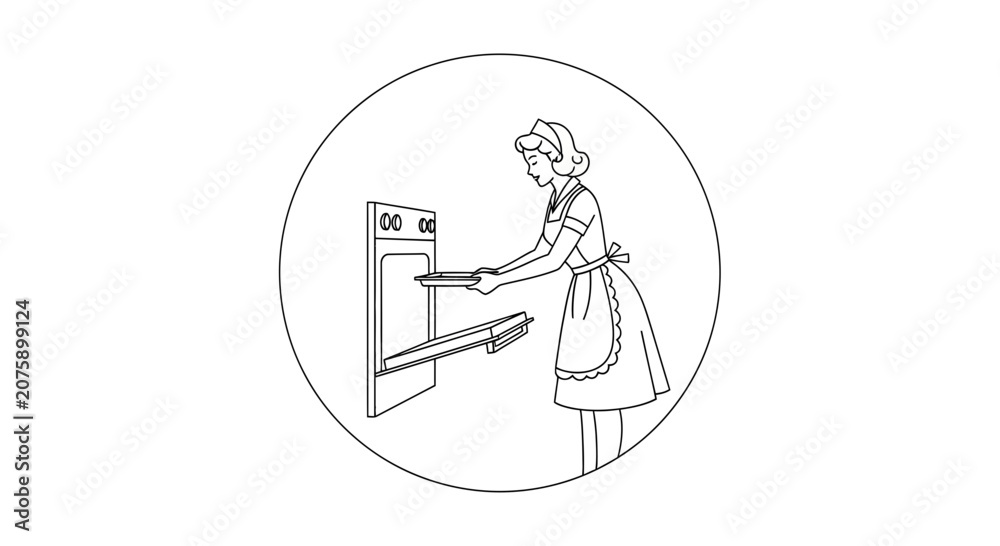 Obraz premium Retro Woman Baking Cookies in Vintage Kitchen Oven