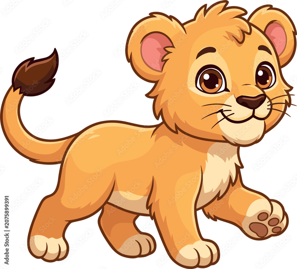Fototapeta premium Cute baby lion cub vector cartoon character illustration walking playfully isolated on white background for kids nursery and apparel design