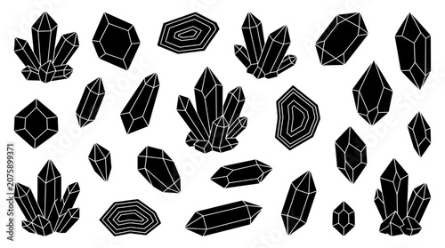Collection of various black crystal silhouettes, gemstone shapes and mineral clusters isolated on white background, symbolizing mystical spiritual healing and representing logo design