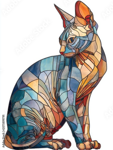 Sphynx Cat Stained Glass Art with Warm and Cool Color Pallet in Profile View
