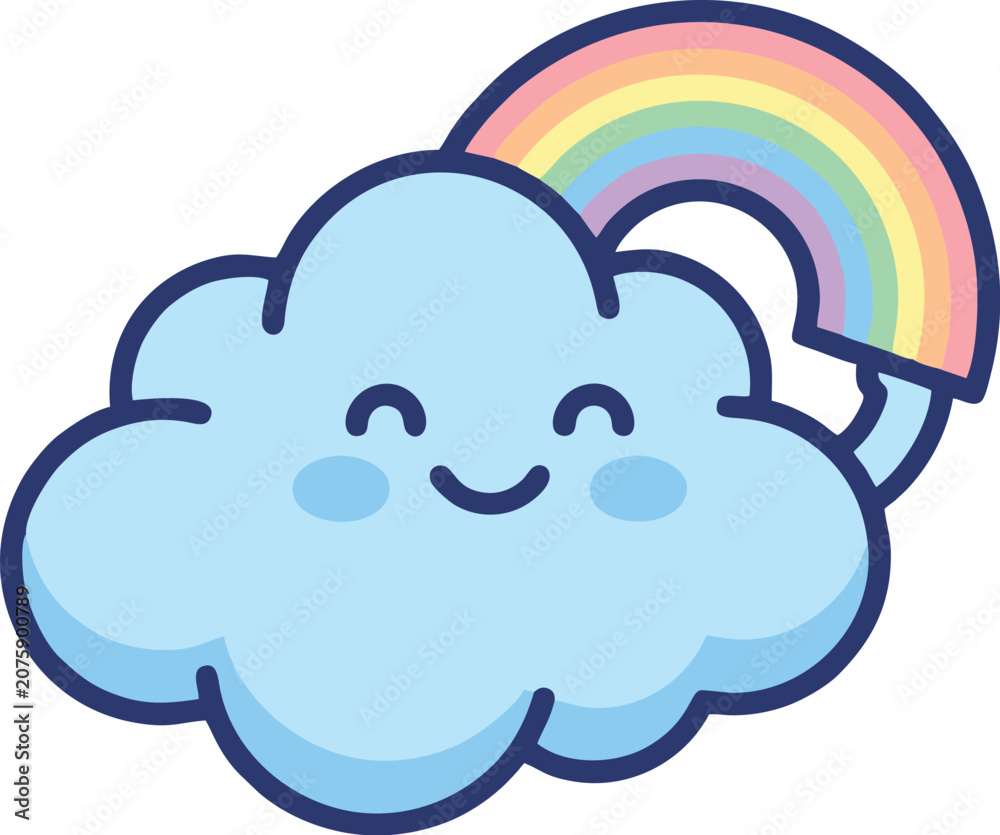 Naklejka premium Cute happy cloud character holding a colorful rainbow with colorful meteorology character illustration cheerful friendly sunshine atmosphere whimsical childish isolated outdoors spectrum