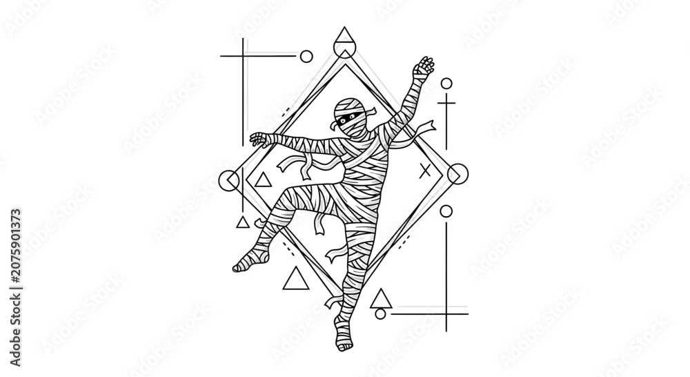 Obraz premium Dancing Mummy with Geometric Shapes, Halloween, Spooky, Mystical, Outline Art