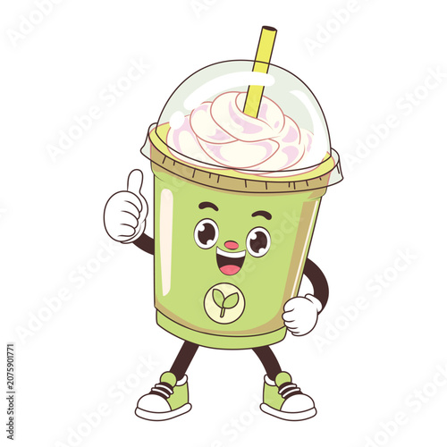 Cute matcha latte vector mascot in flat comic style with whipped cream and straw for refreshing green tea cafe beverage menu concept isolated on white background.