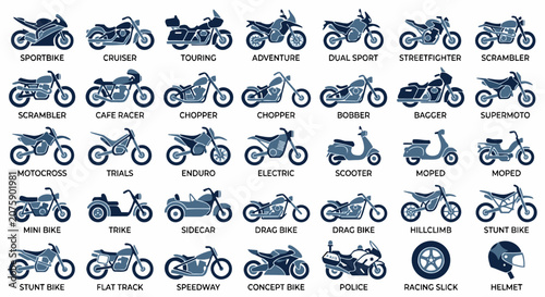 Motorcycle motorbike types icons set